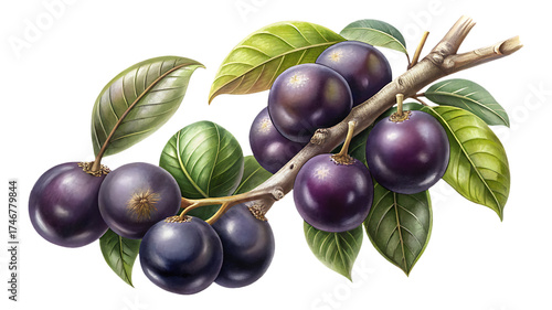 Artistic Illustration of Jabuticaba Fruits Hanging from a Branch with Green Leaves