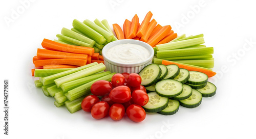 A veggie platter with celery sticks carrots cucumber slices tomatoes and a creamy dip in the center