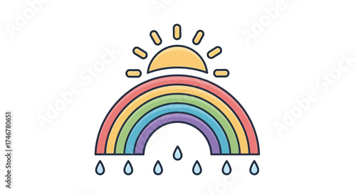 Illustration of a rainbow with raindrops falling beneath it, and a sun shining above.