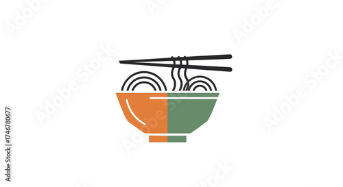 A stylized illustration of a bowl of noodles with chopsticks resting on top, divided into orange and green sections.