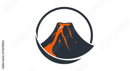 A stylized volcano erupting with lava flowing down its slopes, enclosed within a circular graphic design.