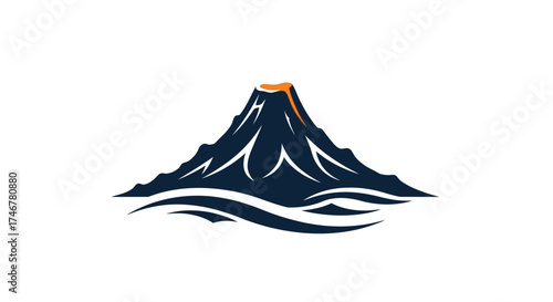 Stylized illustration of a volcano erupting over water, depicted with dark blue and orange colors.
