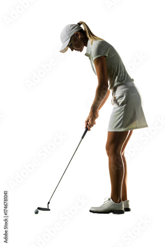 Focused Female Golfer Putting Ball on Green, Full-Body Side View
Woman Athlete Concentrating on a Putt with Golf Club
Side View of Professional Woman Golfer Lining Up a Shot