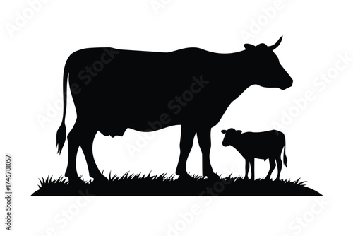 Solid Black Silhouette Vector of a Cow with Calf