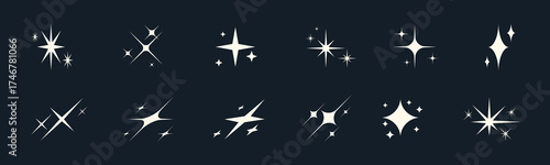 Retro starburst icons with shiny spark and glitter effect. Abstract Y2K vector set for festive design or logo. Minimal geometric shapes glowing with bright starlight.