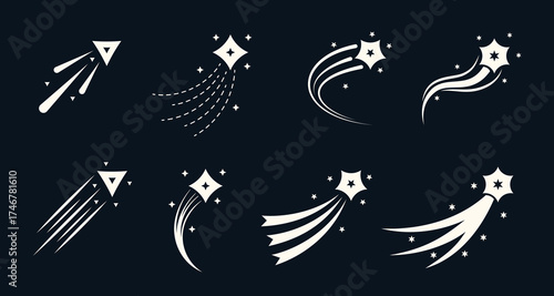 Comet and falling star silhouettes with glowing trails. Retro Y2K vector collection of flying meteors and abstract shapes. Dynamic cosmic design with magical motion.