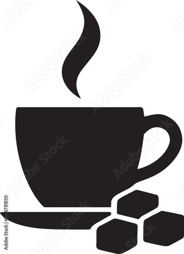 Coffee cup silhouette with sugar cubes beside it for cafe, beverage, and drink design.