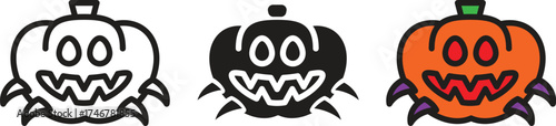 Spooky Halloween vector icon set: horned skull, jack-o'-lantern monster, and cute horned ghost. Black outline art elements perfect for holiday design, seasonal invitations, decorations