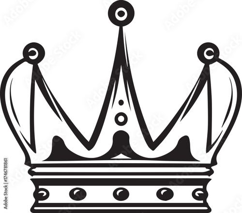 Crown illustration — black and white stylized royal crown with five pointed tips, circular ornaments, and shaded 3D contours