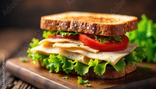 A delicious and classic turkey sandwich on toasted wheat bread with lettuce, tomato, and mayonnaise Perfect for lunch or a quick bite , lunch, delicious, bakery