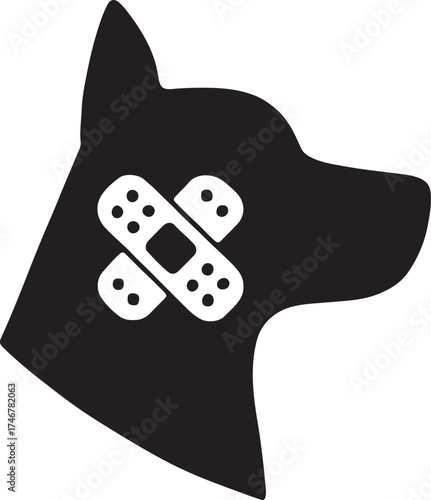 Dog head silhouette with medical bandage symbol representing pet health and veterinary care.