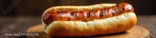 A delicious bratwurst nestled inside a soft hot dog bun, grilled to perfection with visible grill marks A classic combination of savory sausage and fluffy bread , appetizer, pork sausage, grilled