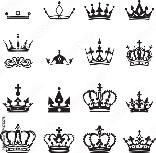Crown icon set — black silhouette illustrations of sixteen royal crowns with cross, fleur-de-lis, and ornate design variations