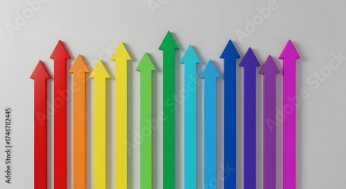  Row of colorful rainbow arrows pointing up on gray background for growth and progress
