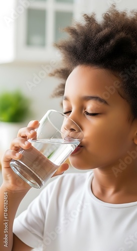 Healthy Young Boy Drinking Fresh Clear Water from a Glass Promoting Hydration and Well-being