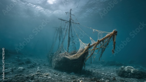 An old shipwreck lies beneath the ocean, draped in seaweed and mystery, surrounded by marine life and coral reefs.