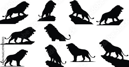 "Set of lion silhouettes in various poses, standing and walking wild animal vector icons for safari, wildlife, and design"