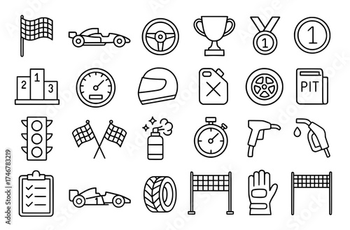 Icon pack, icon sheet, Racing car theme, outline version, vector SVG, transparent PNG