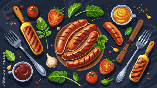 Very beautiful Grilled sausages with sauces on forks on a dark background Top view with space for text
