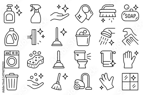 Icon pack, icon sheet, Cleanliness theme, outline version, vector SVG, transparent PNG