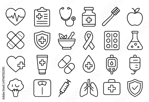 Icon pack, icon sheet, Medical theme, outline version, vector SVG, transparent PNG