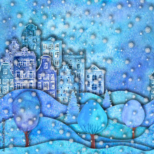 Watercolor Happy new year and Merry christmas design with hills, houses, trees, snowflakes