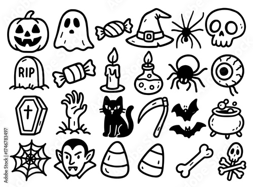 Icon pack, icon sheet, Halloween theme, bold outline version, vector SVG, transparent PNG