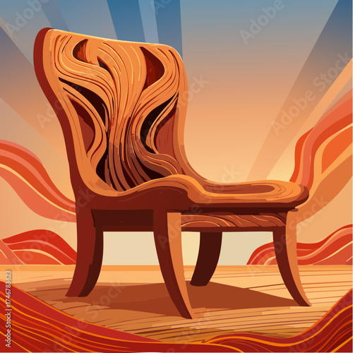 Hand-carved wooden chair with organic curves and flowing lines, sculptural art piece