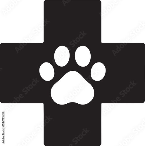 Paw print silhouette inside a medical cross symbol for veterinary health and pet care.