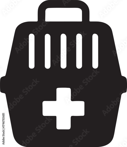 Pet carrier silhouette with cross symbol representing veterinary travel and animal care.