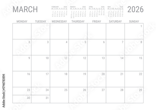 March Calendar 2026 Monthly Planner Printable A4 Monday Start	