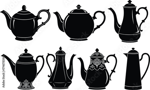 Vintage teapot silhouette set, black coffee pot vector, ornate kitchenware icons, antique beverage vessels, decorative tea pot collection art