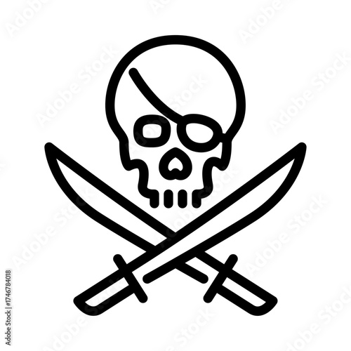 Pirate Skull with Sword outline icon. Pirate Skull line art illustration.