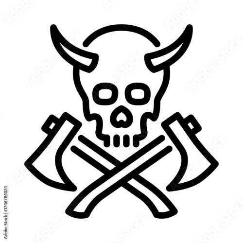 Skull and Axe outline icon. Viking skull line art illustration.