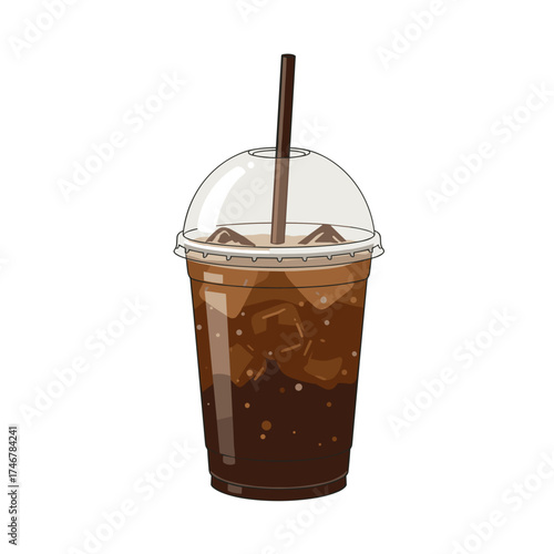 Iced coffee drink in plastic cup with straw and ice cubes  
