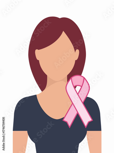 Illustration of a woman with short hair wearing a blue shirt and a pink ribbon on her chest, a symbol of awareness for breast cancer. 