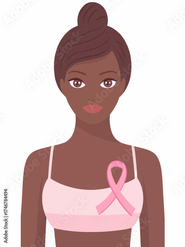 Illustration of a dark-skinned woman wearing a pink top with a breast cancer awareness ribbon, depicting enthusiasm and support for women's health. 