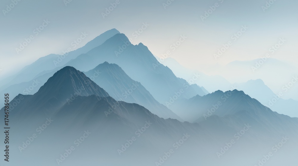 Naklejka premium Minimalist landscape of a mountain range with layers of peaks fading into a soft blue fog, creating a serene and atmospheric scene
