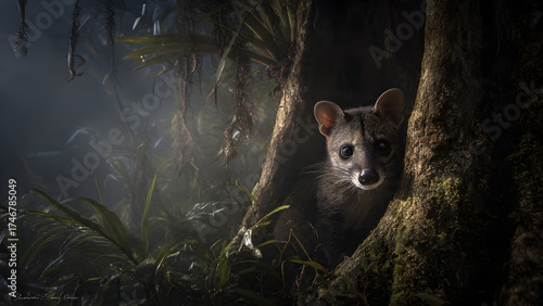A civet peeks curiously from behind a tree in the early morning forest light, showcasing its alert and cautious nature.