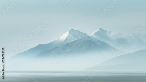 Wallpaper Mural A majestic snow-capped mountain peak rising above a calm lake or sea in a minimalist and tranquil winter landscape Torontodigital.ca