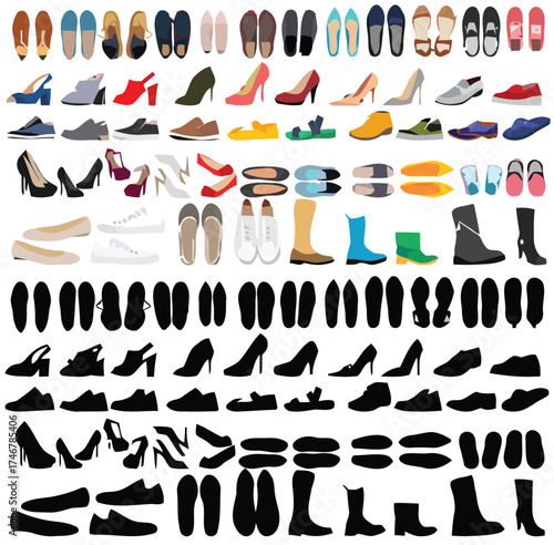shoes, footwear, collection, assortment, variety, high heels, sneakers, boots, sandals, flats, loafers, dress shoes, casual shoes, women's shoes, men's shoes, shoe soles, silhouettes, outline, isolate