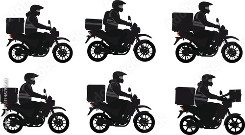 "Vector illustration of motorcycle delivery riders with cargo boxes, courier service logistics, urban transport, and fast food delivery concept design"