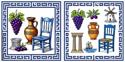 Greek paper napkin design, digital drawing, set