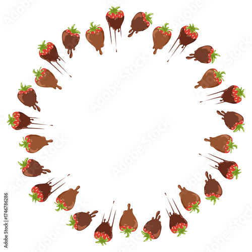 Strawberries dipped in chocolate. Round frame on white background. Vector sweet dessert hand drawn illustration for packaging design, labels, menu, branding