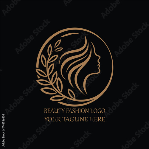 Elegant Beauty Fashion Logo with Woman Silhouette and Leaf Circle Design on Black Background