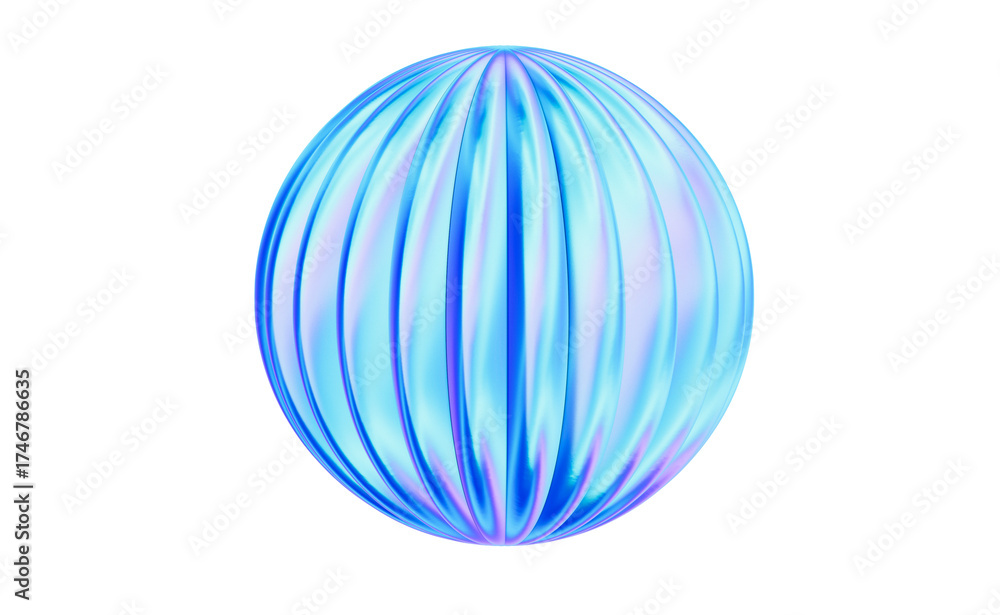 Fototapeta premium 3D Iridescent blue striped sphere, glossy orb with vertical ridges and soft glow, futuristic decorative object evoking calm wonder
