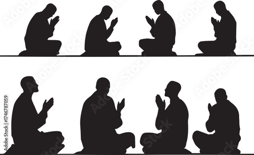 Prayer silhouette illustration — black and white side-profile figures in seated worship posture with raised hands and spiritual focus