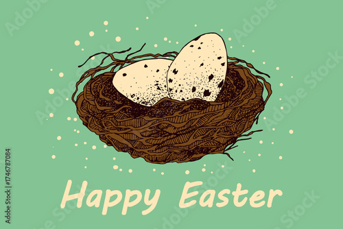 Vector Easter banner with eggs in bird's nest. Festive background with place for text for flyer. Hand drawn vector illustration, holiday design.