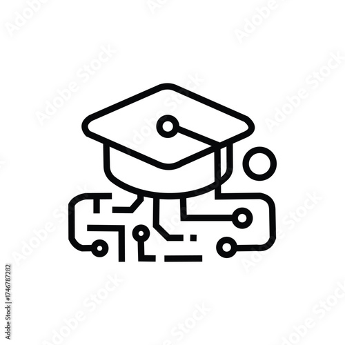 Digital Education Icon Blending Graduation Cap and Circuitry for Modern Learning and Technological Advancement Concept