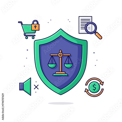 A shield with scales of justice symbolizing legal protection and security in business transactions and data privacy.